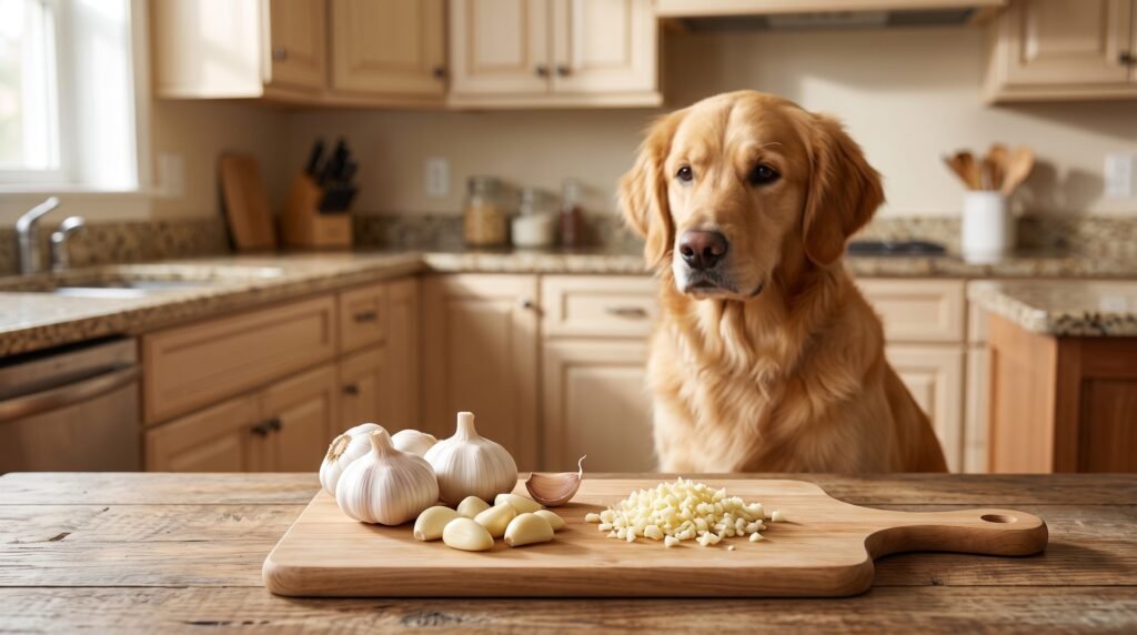 Can Dogs Eat Garlic or Mushrooms? 7 Surprising Facts Garlic toxicity in dogs with a golden retriever near fresh garlic