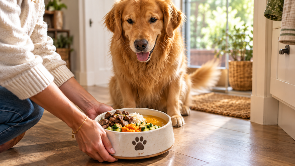 Beef and Pumpkin Dog Food: Easy Sensitive Stomach Recipe Golden Retriever waiting to eat a soothing beef and pumpkin meal topper bowl