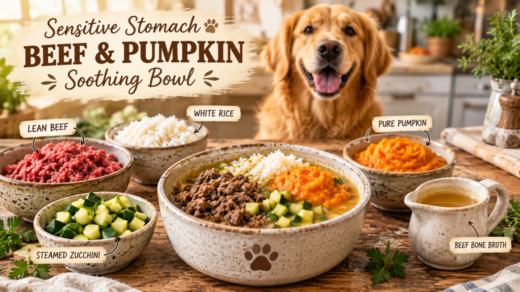 Homemade beef and pumpkin dog food bowl for sensitive stomachs with rice and bone broth